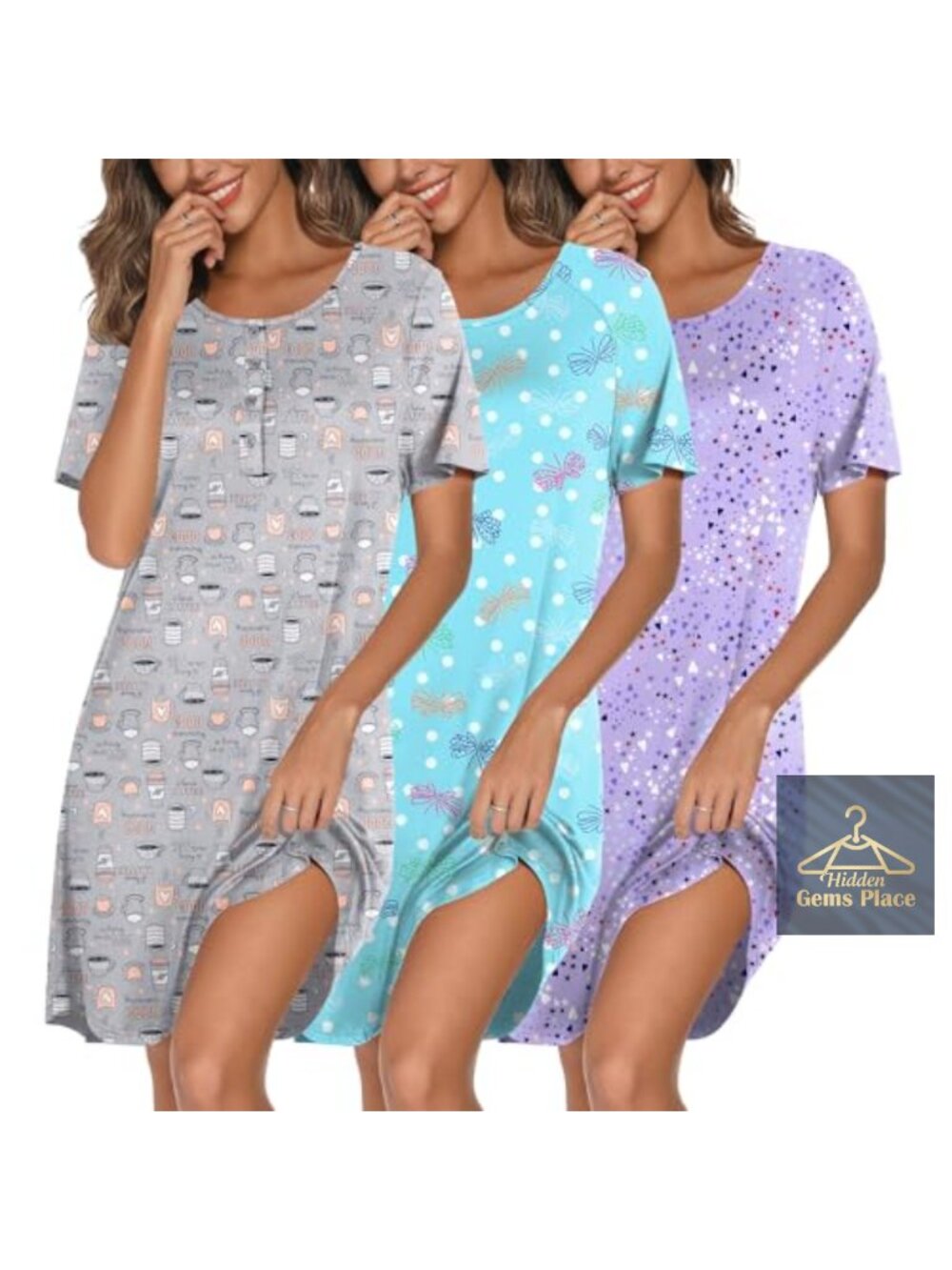 Short Sleeve Nightgowns Sleepshirts 3 Pack Soft Stretchy Women Sleepwear